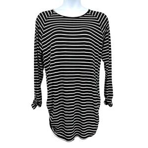SHEROSA Womens 2XL Black & White Striped Jersey Tunic Top Ruched Sides & Sleeves